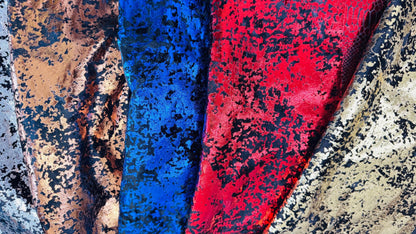 New Splatter Lava Abstract design on stretch velvet with all over foil metallic spandex velvet 4-way stretch 58/60” High quality fabrics