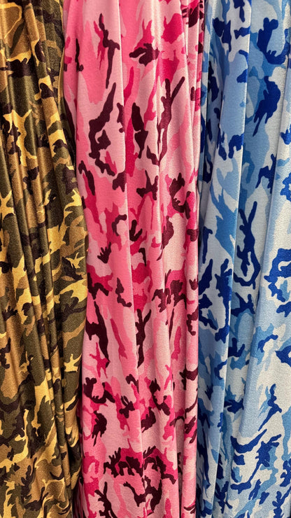 NEW Camouflage design print on great quality of stretch velvet 4-way stretch 58/60” Sold by the YD. Ships Worldwide from Los Angeles CA