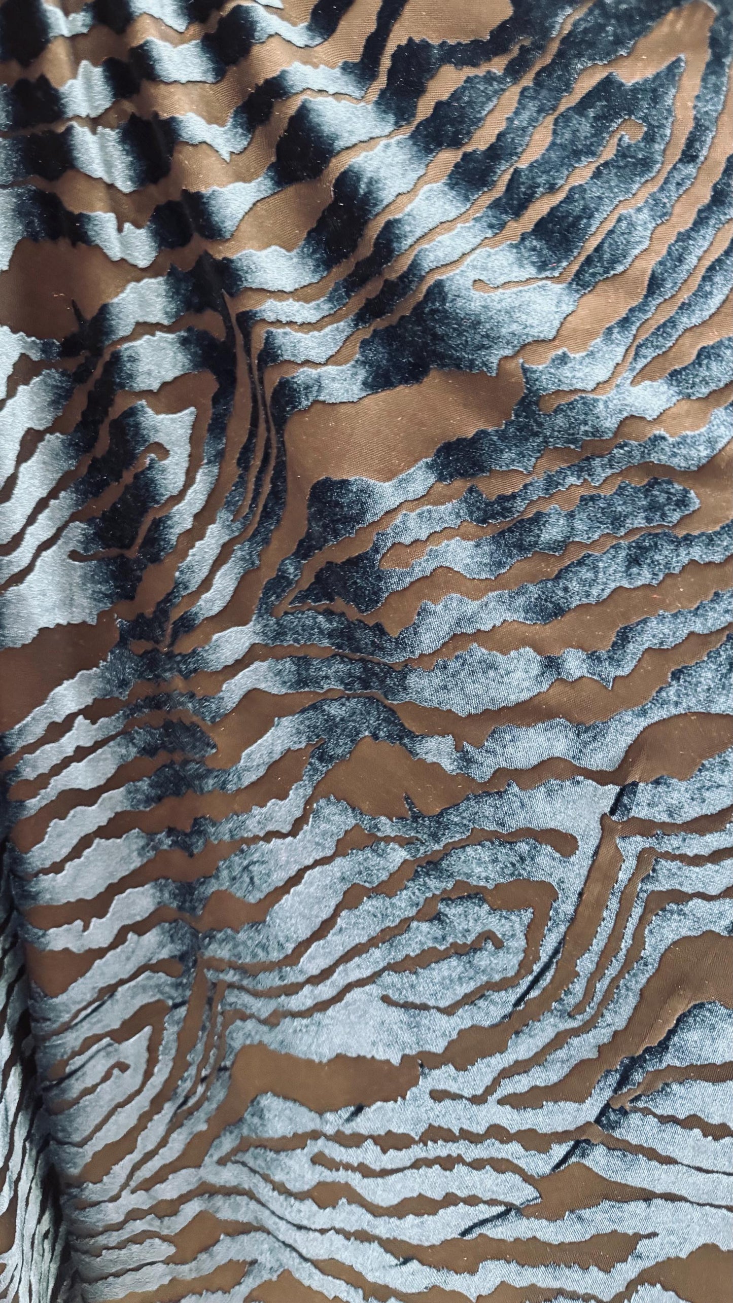 Luxury Tiger design Black/Navy on stretch Burnout velvet 4-way 58/60” Sold by the YD. High quality fabrics by AlexLAFabrics