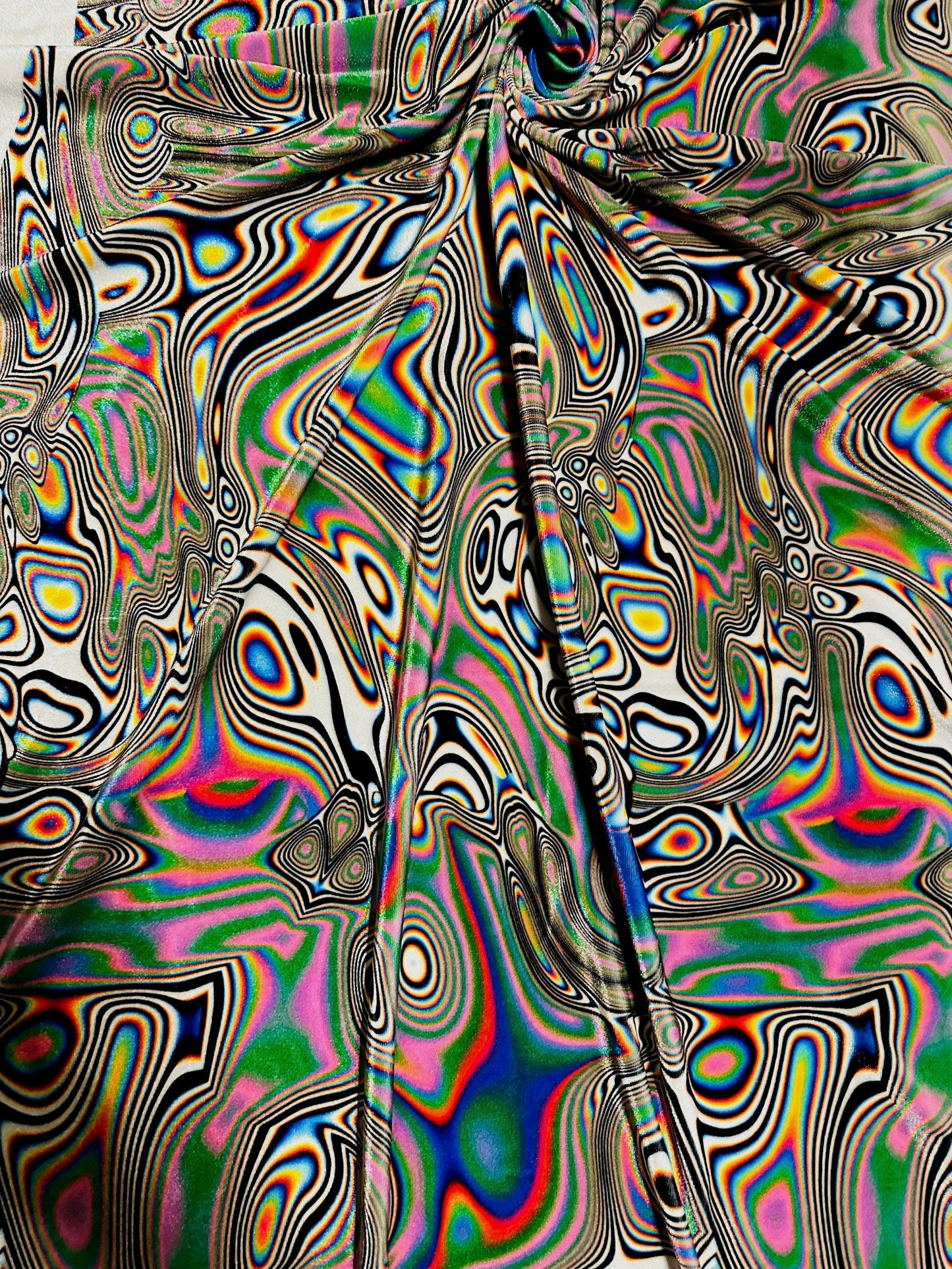 New Colorful Abstract Psychedelic design multicolor print on great quality of stretch velvet 4-way stretch 58/60” Sold by the YD. High quali