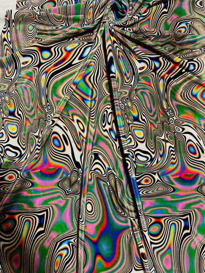 New Colorful Abstract Psychedelic design multicolor print on great quality of stretch velvet 4-way stretch 58/60” Sold by the YD. High quali