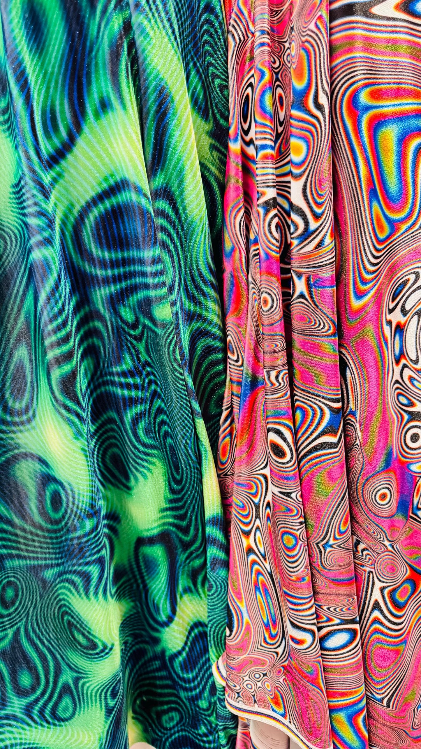 New Colorful Abstract Psychedelic design multicolor print on great quality of stretch velvet 4-way stretch 58/60” Sold by the YD. High quali