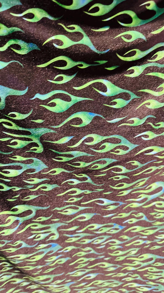 Flames design Black/Green print on best quality of stretch velvet 4-way stretch 58/60” Sold by the YD. Ships Worldwide from Los Angeles CA