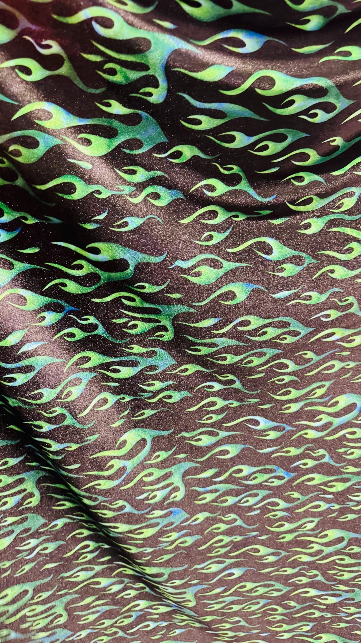 Flames design Black/Green print on best quality of stretch velvet 4-way stretch 58/60” Sold by the YD. Ships Worldwide from Los Angeles CA