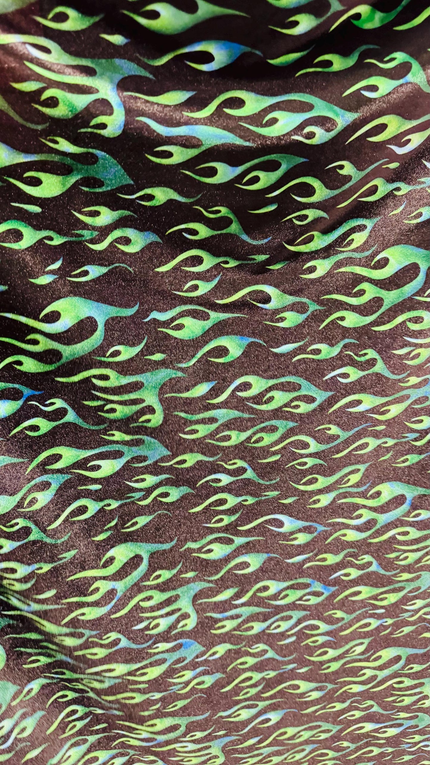 Flames design Black/Green print on best quality of stretch velvet 4-way stretch 58/60” Sold by the YD. Ships Worldwide from Los Angeles CA