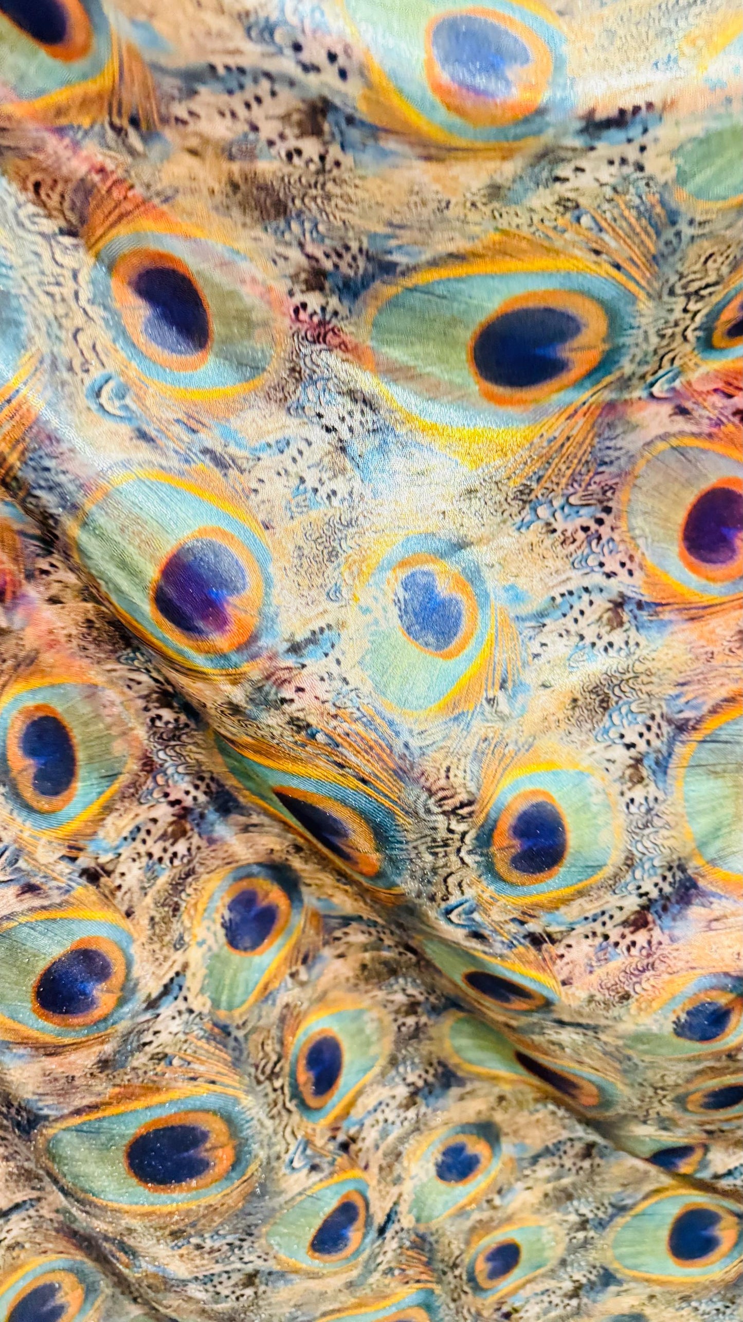 Peacock feathers Exotic design on Metallic nylon spandex with foggy foil 4-way stretch 58/60" Ships worldwide from Los Angeles California