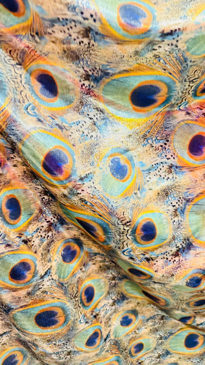 Peacock feathers Exotic design on Metallic nylon spandex with foggy foil 4-way stretch 58/60" Ships worldwide from Los Angeles California