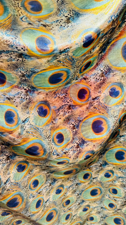 Peacock feathers Exotic design on Metallic nylon spandex with foggy foil 4-way stretch 58/60" Ships worldwide from Los Angeles California