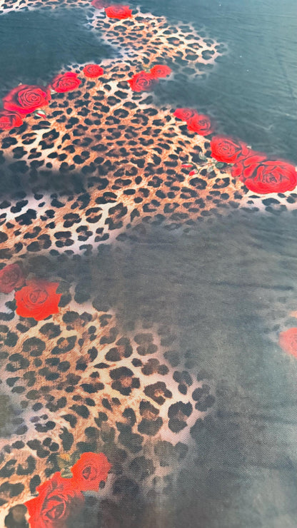 New Exotic Hiding leopard design print on power mesh 4-way stretch 58/60” Sold by the YD. Ships worldwide from Los Angeles California USA.