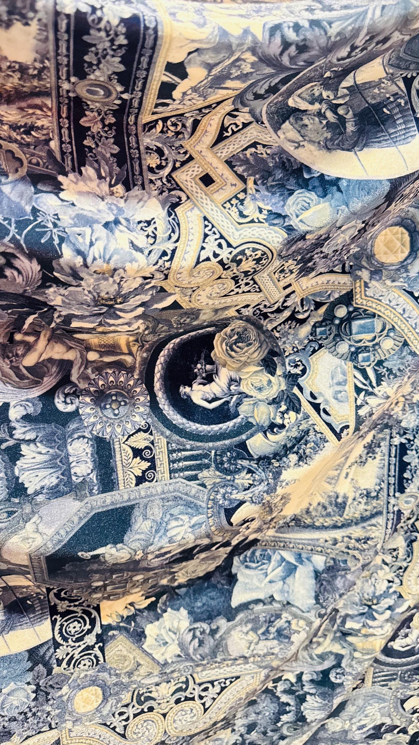 Elegant Baroque design print on great quality of stretch velvet 4-way stretch 58/60” Sold by the YD. Ships Worldwide from Los Angeles CA