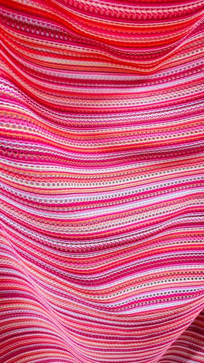 New Lace crochet design Pink  multicolor 2-way stretch 48/50” Sold by the YD. Ships worldwide from Los Angeles California USA