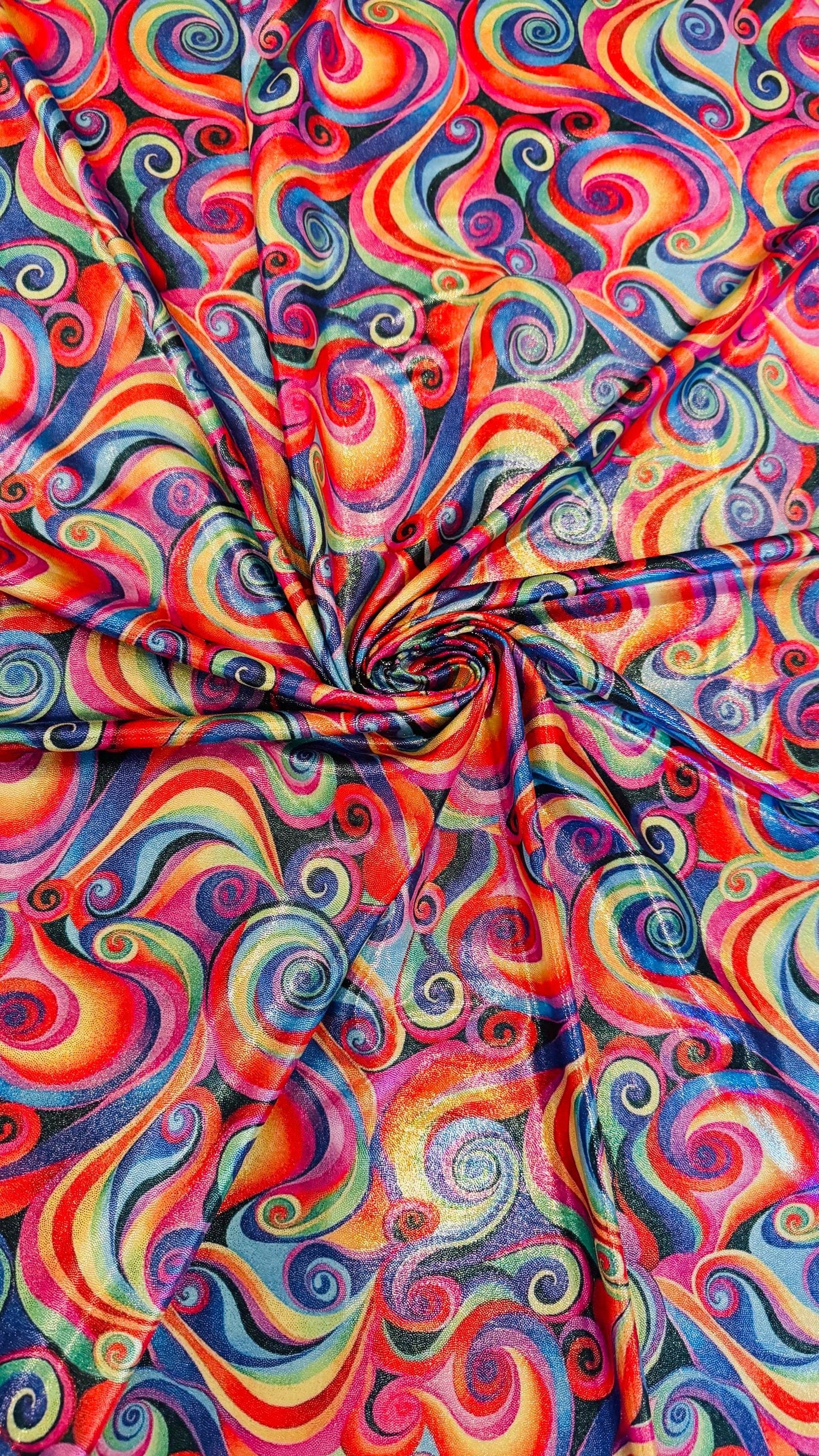 New Swirl Rainbow abstract design metallic nylon spandex 4-way stretch 58/60” Sold by the YD Ships Worldwide from Los Angeles California USA