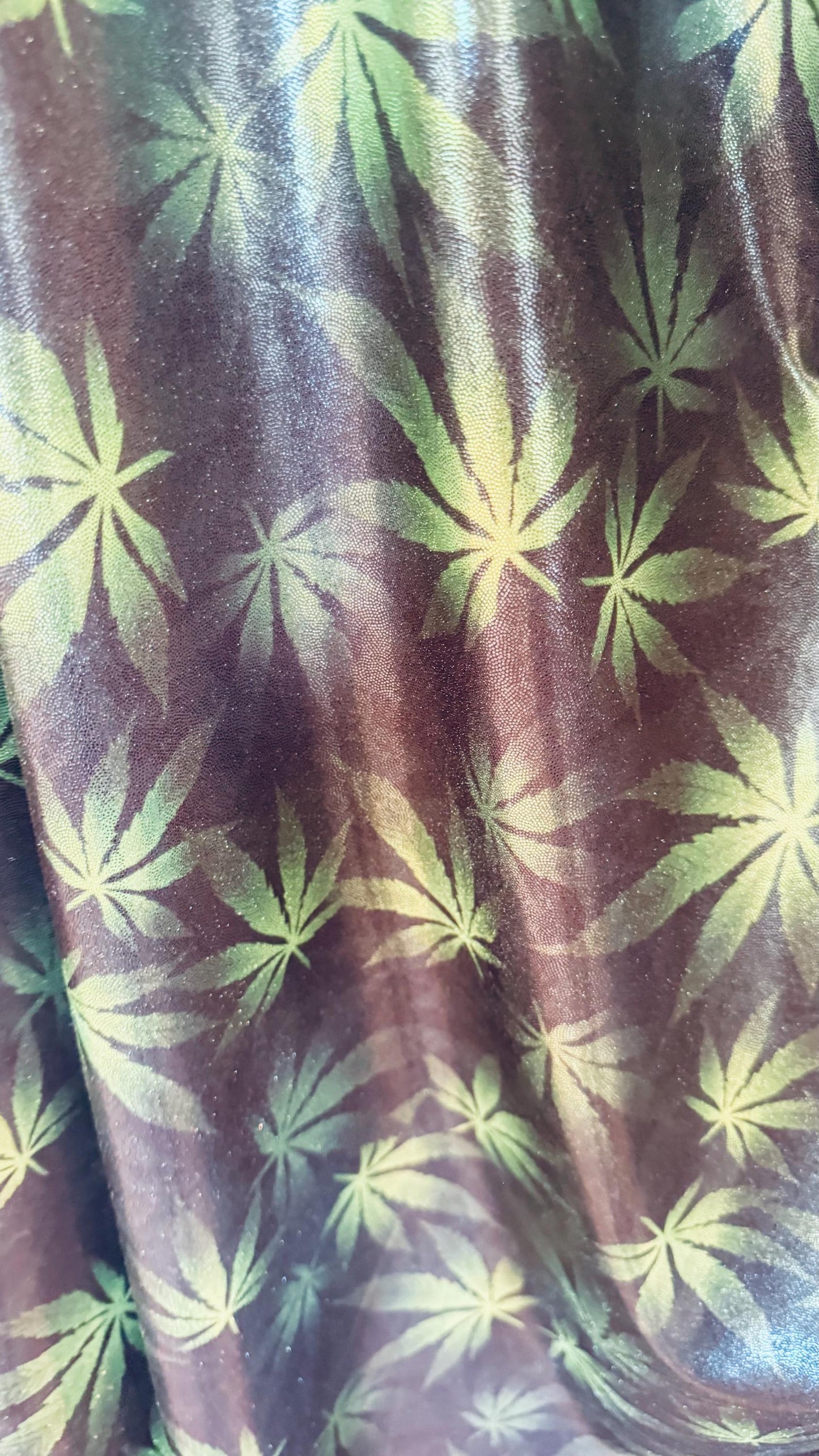 New Marijuana leaf design metallic nylon spandex with foggy foil 4-way stretch 58/60” High quality fabrics by AlexLAFabrics