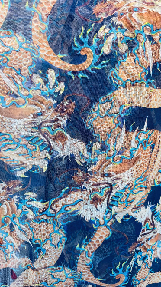 Japanese Dragon Exotic design Multicolor print on power mesh nylon spandex 4-way stretch 58/60” Sold by the YD. Ships worldwide from L.A