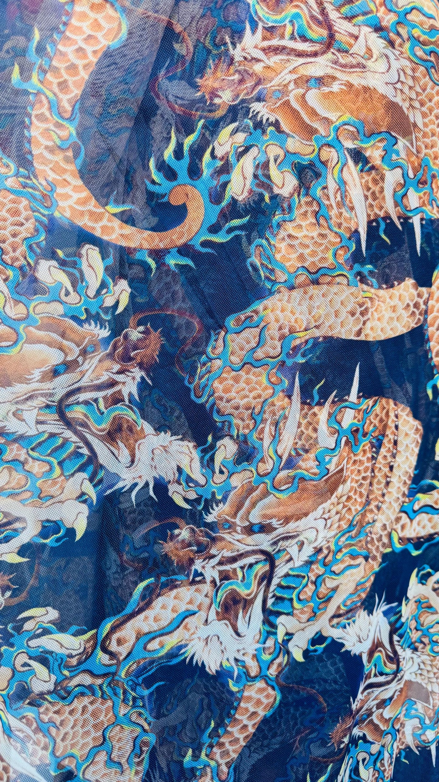 Japanese Dragon Exotic design Multicolor print on power mesh nylon spandex 4-way stretch 58/60” Sold by the YD. Ships worldwide from L.A