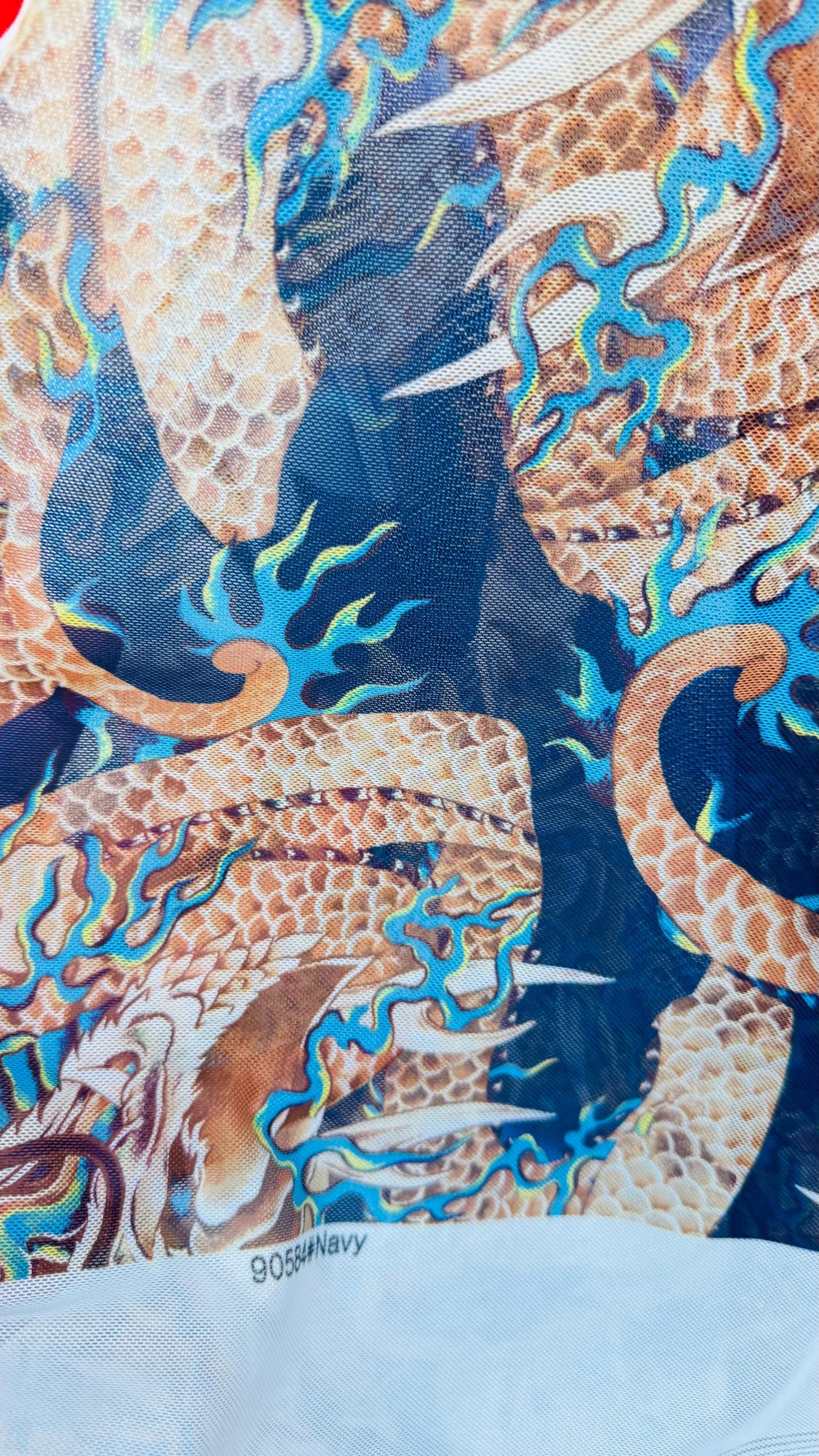 Japanese Dragon Exotic design Multicolor print on power mesh nylon spandex 4-way stretch 58/60” Sold by the YD. Ships worldwide from L.A