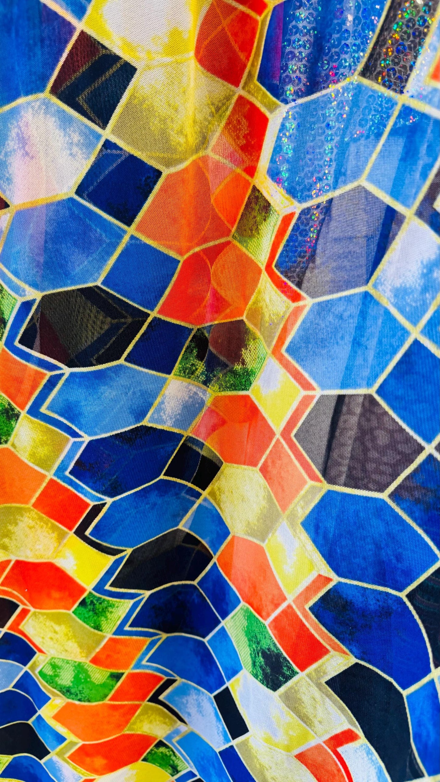 Honeycomb geometric design print on great quality of power mesh 4-way stretch 58/60” Sold by the YD. Ships worldwide from Los Angeles CA