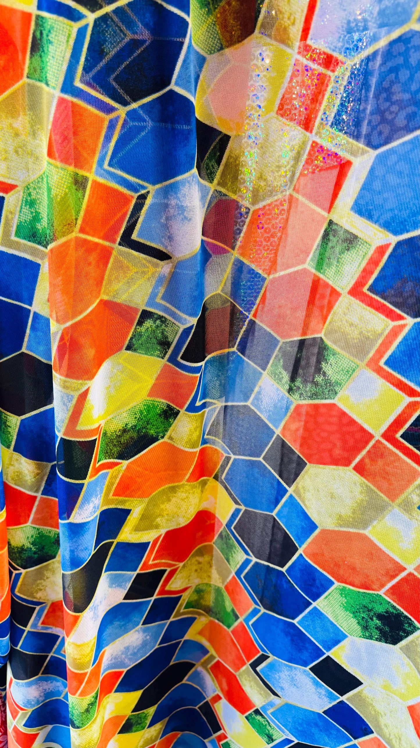 Honeycomb geometric design print on great quality of power mesh 4-way stretch 58/60” Sold by the YD. Ships worldwide from Los Angeles CA