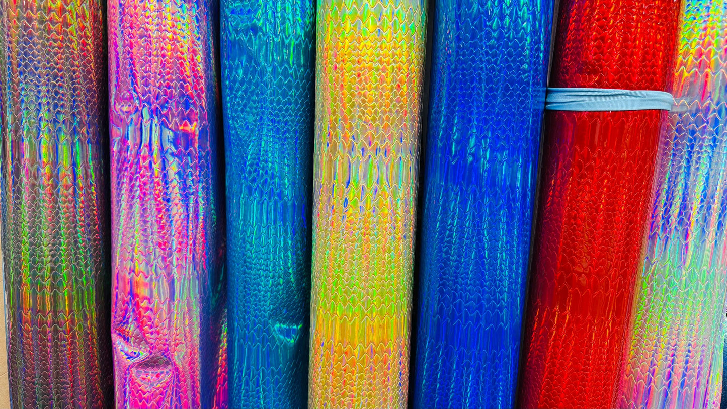 New heavy vinyl Exotic Snake design with iridescent foil all over non stretch 58/60" Sold by the YD. Ships worldwide from Los Angeles CA