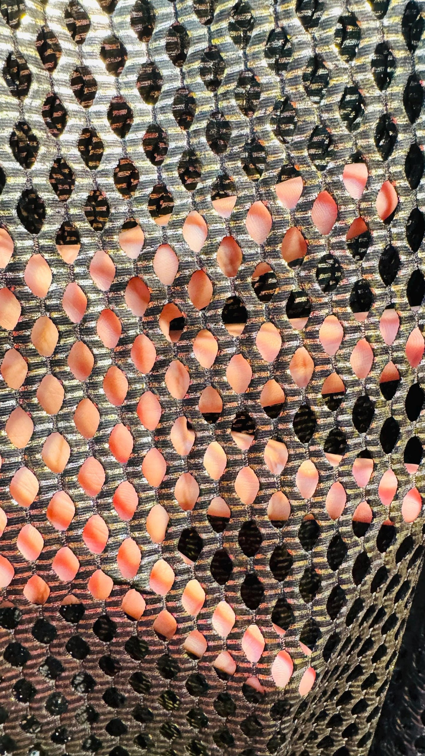 3D Skin snake design print on fishnet metallic diamond mesh 4-way stretch 58/60” Sold by the YD. Ships Worldwide from Los Angeles California