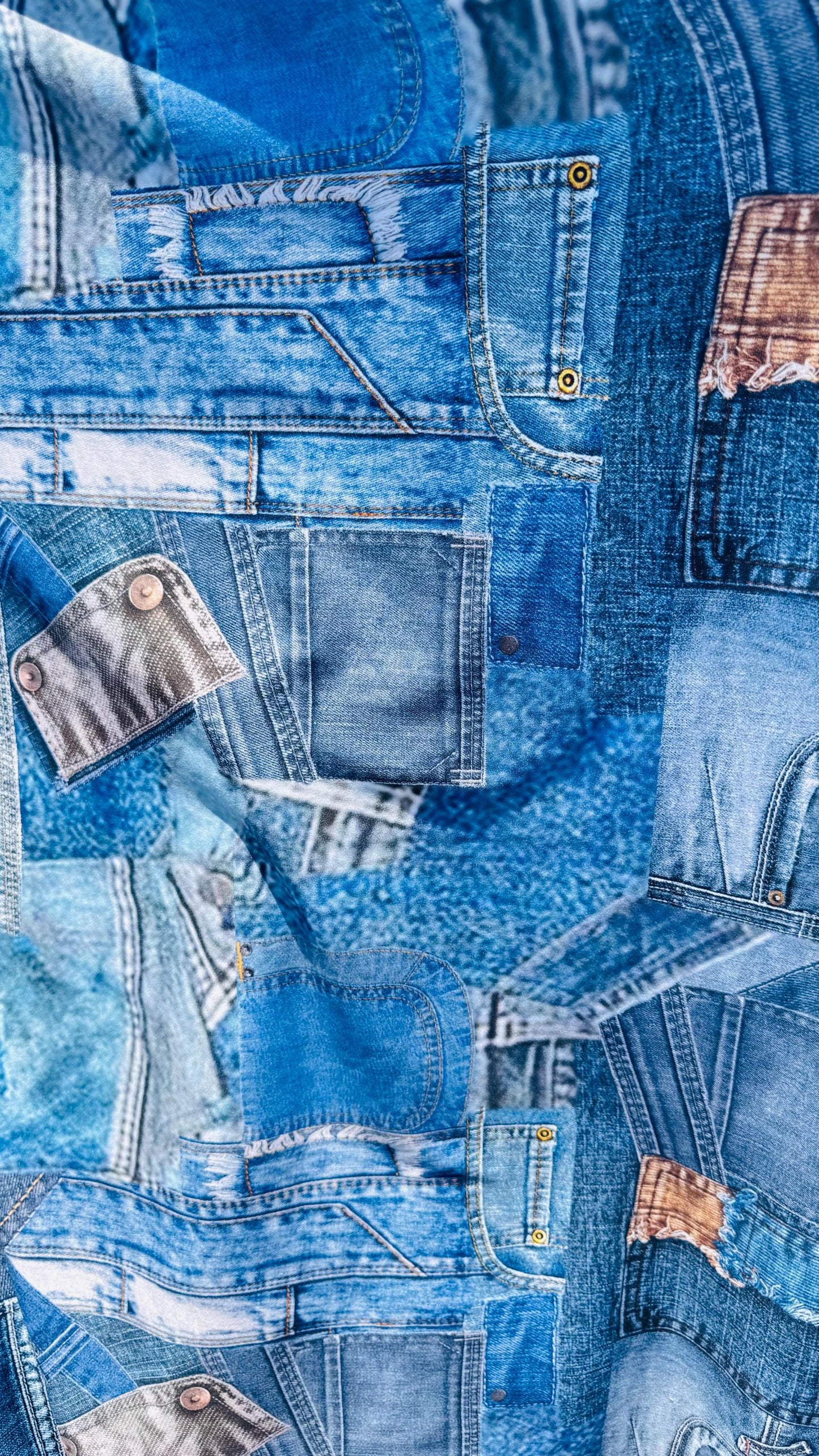 New jeans design print on poly spandex 4way stretch 58/60" Sold by the YD. Ships worldwide feom Los Angeles California USA.