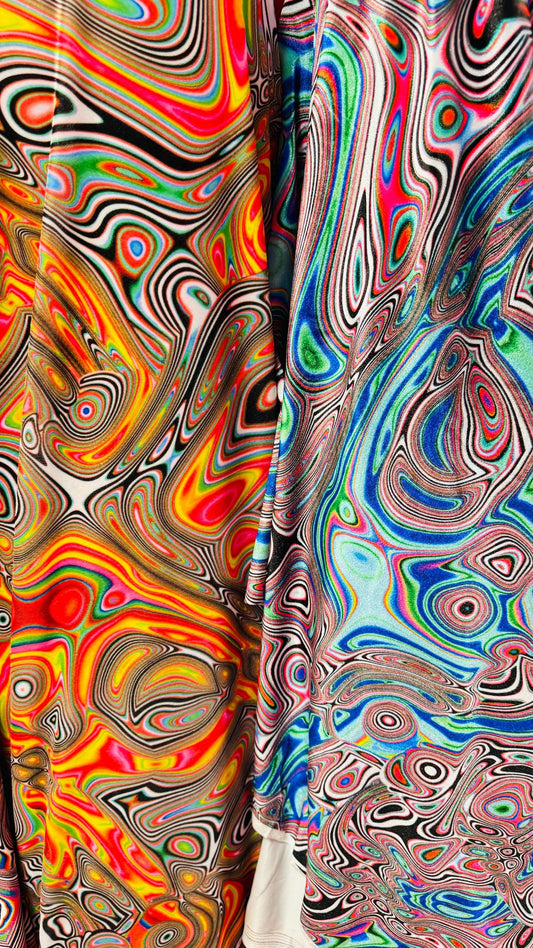 New Colorful Abstract Psychedelic design multicolor print on great quality of stretch velvet 4-way stretch 58/60” Sold by the YD. High quali