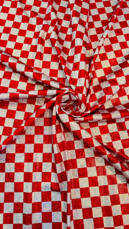 Checkers design 1” size  on shattered glass New metallic hologram nylon spandex 4-way stretch 58/60” Sold by the YD. Ships worldwide