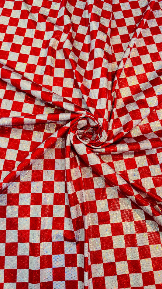 Checkers design 1” size  on shattered glass New metallic hologram nylon spandex 4-way stretch 58/60” Sold by the YD. Ships worldwide