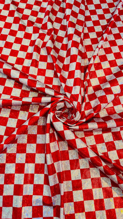 Checkers design 1” size  on shattered glass New metallic hologram nylon spandex 4-way stretch 58/60” Sold by the YD. Ships worldwide