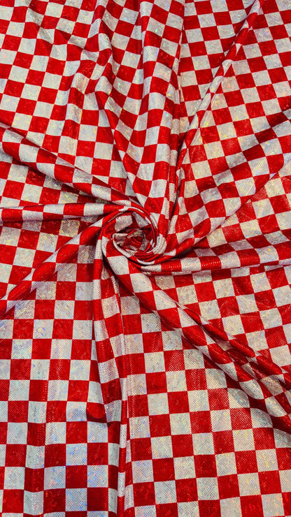 Checkers design 1” size  on shattered glass New metallic hologram nylon spandex 4-way stretch 58/60” Sold by the YD. Ships worldwide