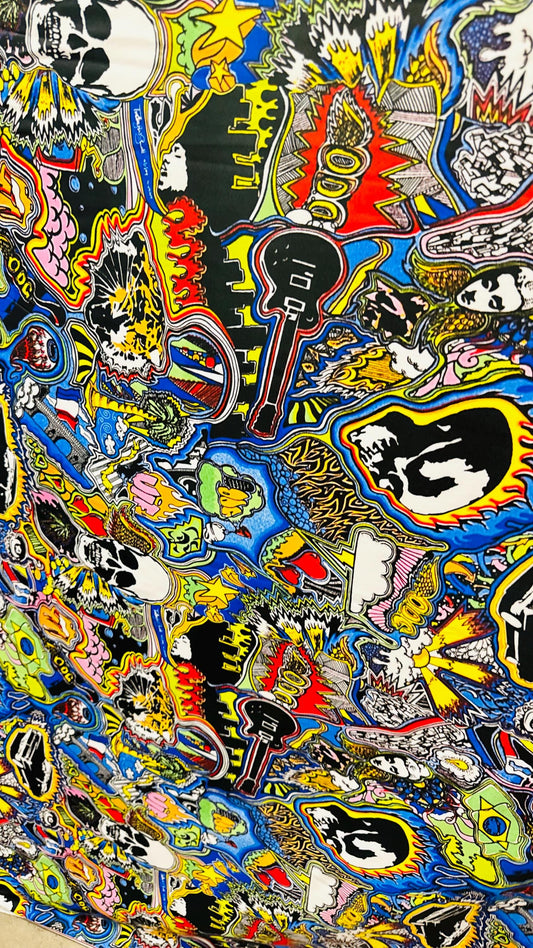 New Tattoo Fire Skull design Multicolor print on best quality of nylon spandex 4-way stretch 58/60” High Quality fabrics by AlexLAFabrics
