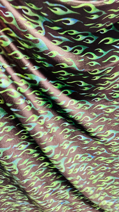 Flames design Black/Green print on best quality of stretch velvet 4-way stretch 58/60” Sold by the YD. Ships Worldwide from Los Angeles CA