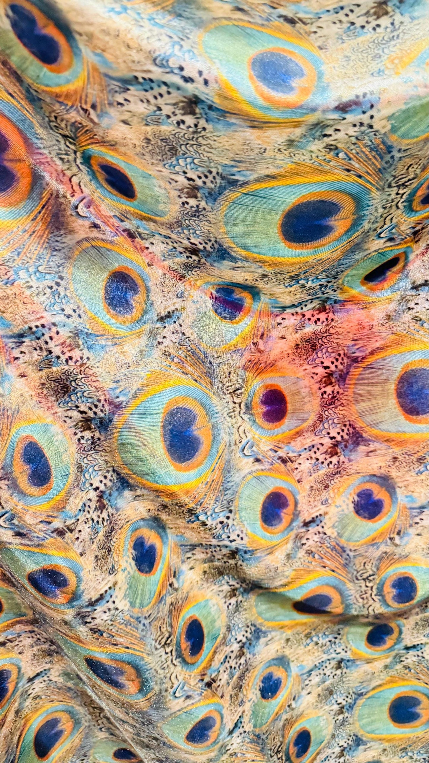 Peacock feathers Exotic design on Metallic nylon spandex with foggy foil 4-way stretch 58/60" Ships worldwide from Los Angeles California