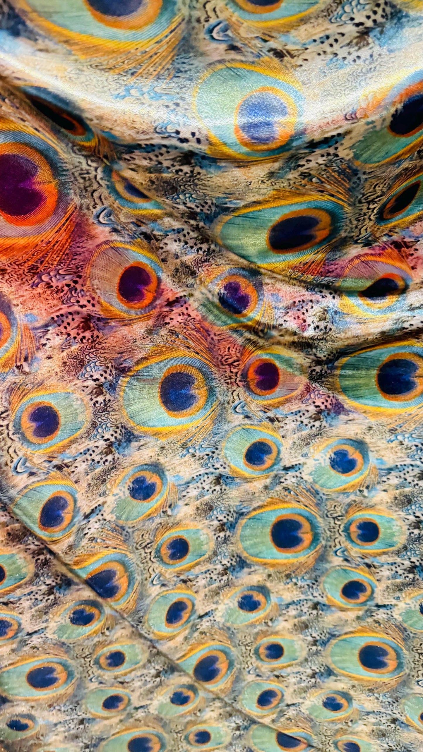 Peacock feathers Exotic design on Metallic nylon spandex with foggy foil 4-way stretch 58/60" Ships worldwide from Los Angeles California