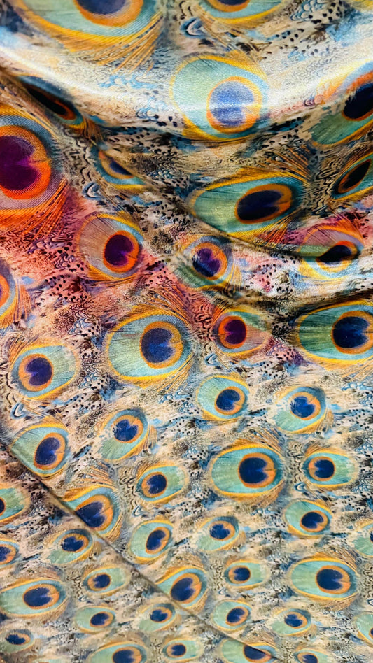 Peacock feathers Exotic design on Metallic nylon spandex with foggy foil 4-way stretch 58/60" Ships worldwide from Los Angeles California