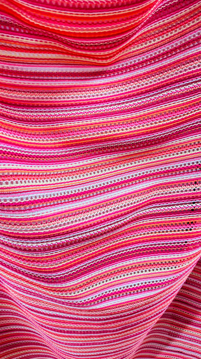 New Lace crochet design Pink  multicolor 2-way stretch 48/50” Sold by the YD. Ships worldwide from Los Angeles California USA