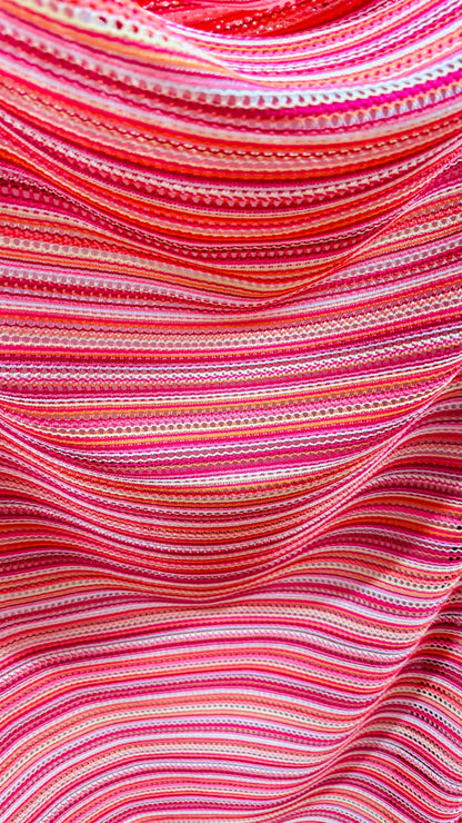 New Lace crochet design Pink  multicolor 2-way stretch 48/50” Sold by the YD. Ships worldwide from Los Angeles California USA