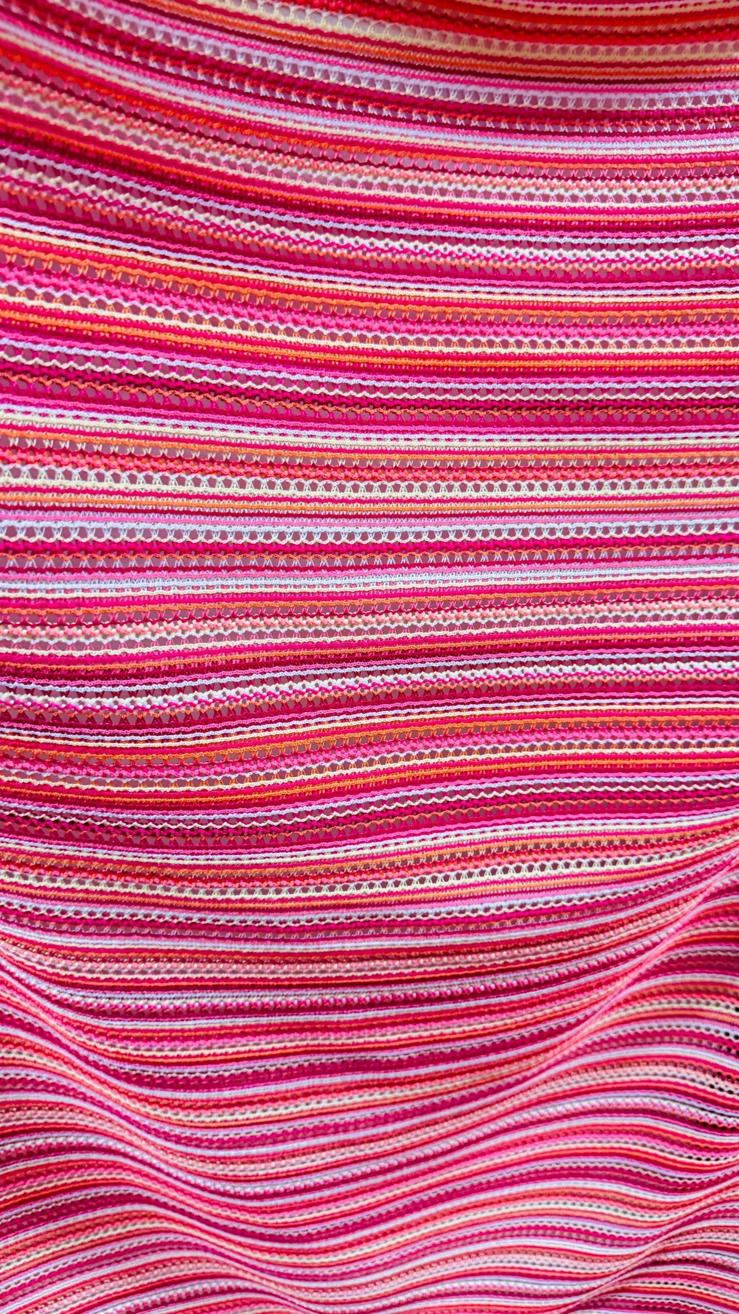 New Lace crochet design Pink  multicolor 2-way stretch 48/50” Sold by the YD. Ships worldwide from Los Angeles California USA