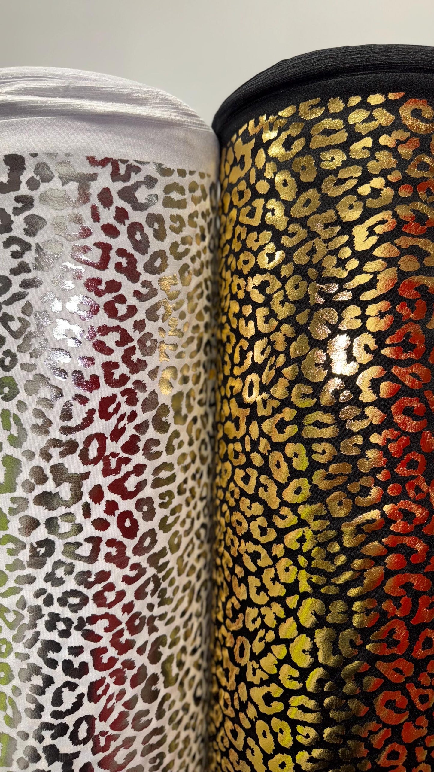 New Exotic Cheetah design high quality of hologram metallic Stretch nylon spandex with foil 4-way stretch 58/60” Sold by the YD.