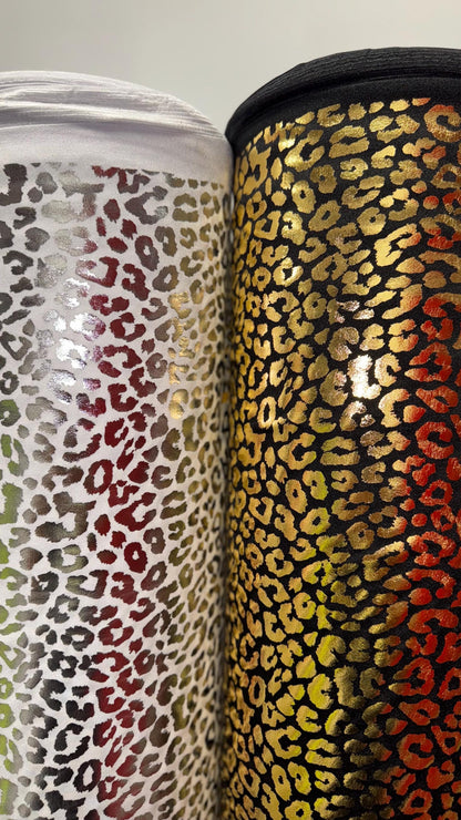 New Exotic Cheetah design high quality of hologram metallic Stretch nylon spandex with foil 4-way stretch 58/60” Sold by the YD.