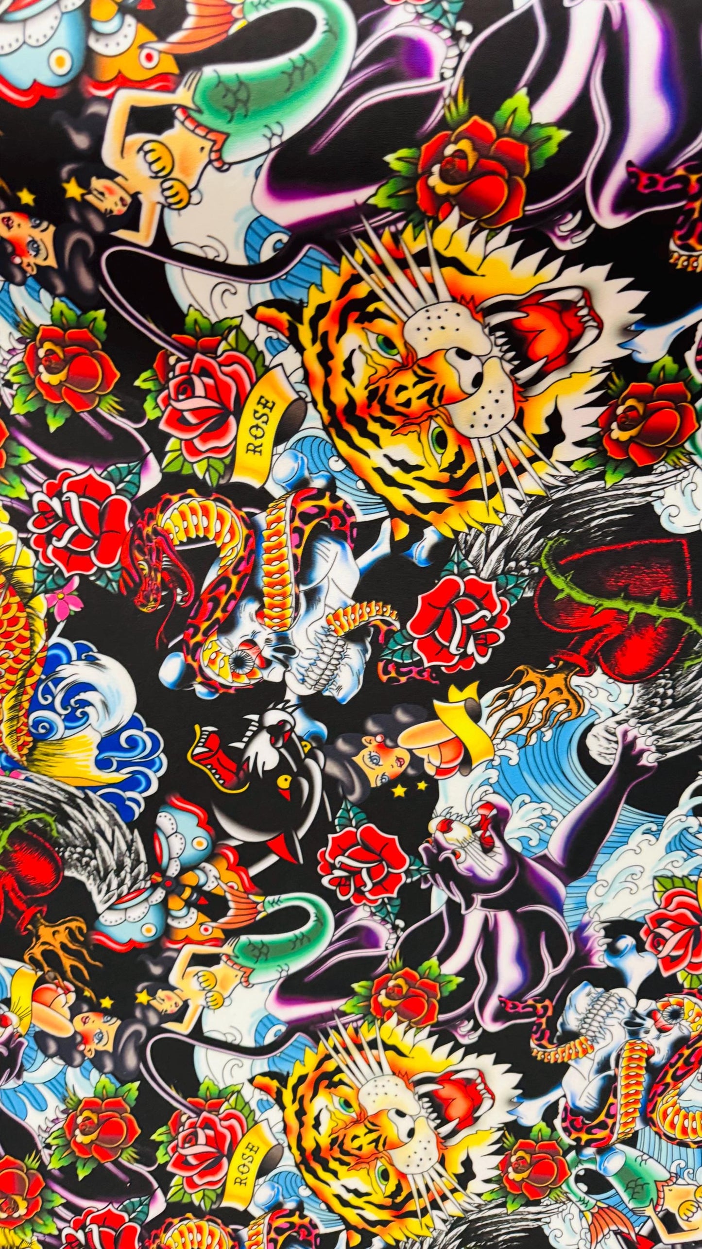 New Exotic Japanese Tattoo design print on neoprene super techno 2-way stretch 58/60” and on Satin. Sold by the YD. Ships Worldwide from LA