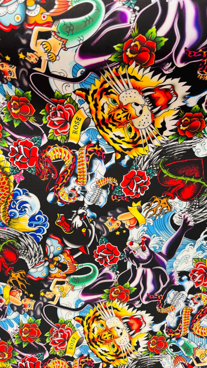 New Exotic Japanese Tattoo design print on neoprene super techno 2-way stretch 58/60” and on Satin. Sold by the YD. Ships Worldwide from LA