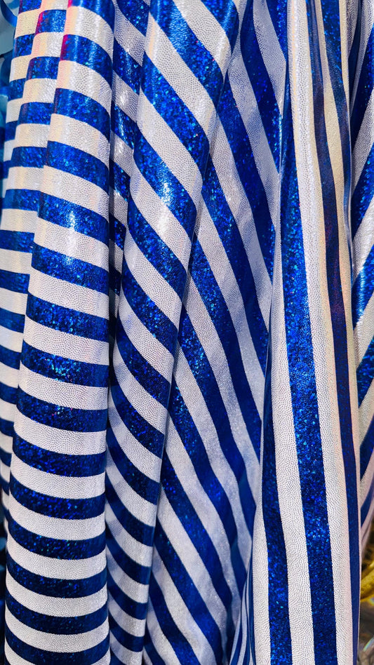 Stripe design nylon spandex 4way Hologram metallic foil Blue/Silver  58/60" sold by the Yd. Ships worldwide from Los Angeles California USA.