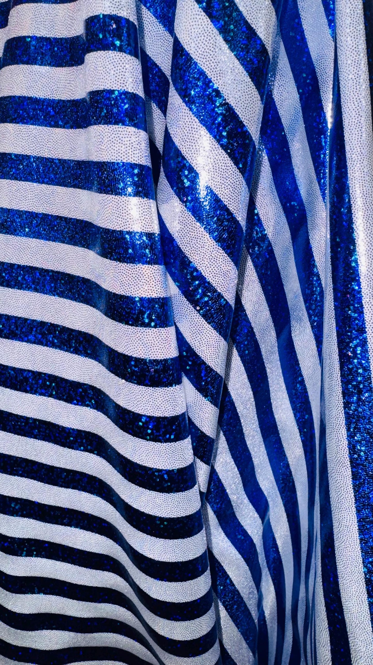 Stripe design nylon spandex 4way Hologram metallic foil Blue/Silver  58/60" sold by the Yd. Ships worldwide from Los Angeles California USA.