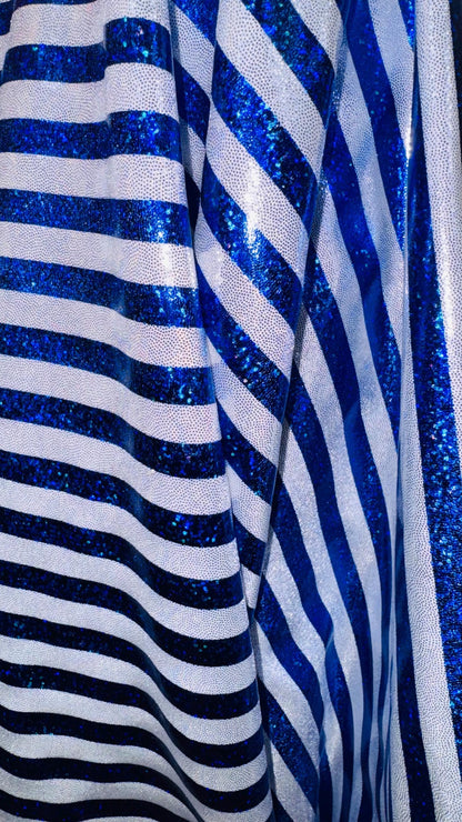 Stripe design nylon spandex 4way Hologram metallic foil Blue/Silver  58/60" sold by the Yd. Ships worldwide from Los Angeles California USA.