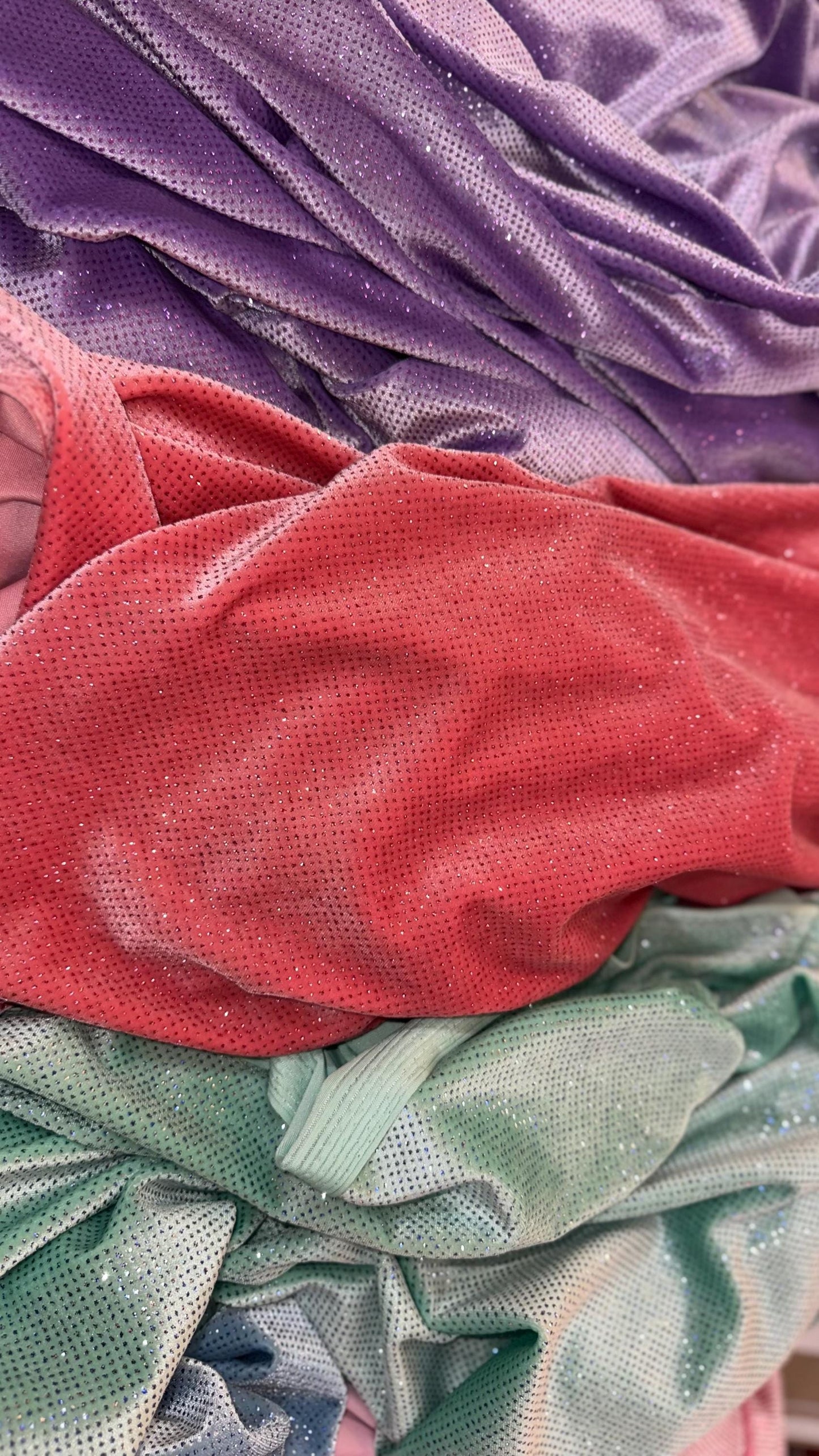 Stretch velvet with glitter pastel colors heavy velvet 4way Stretch 58/60" Sold by the YD. Ships worldwide from Los Angeles California USA.