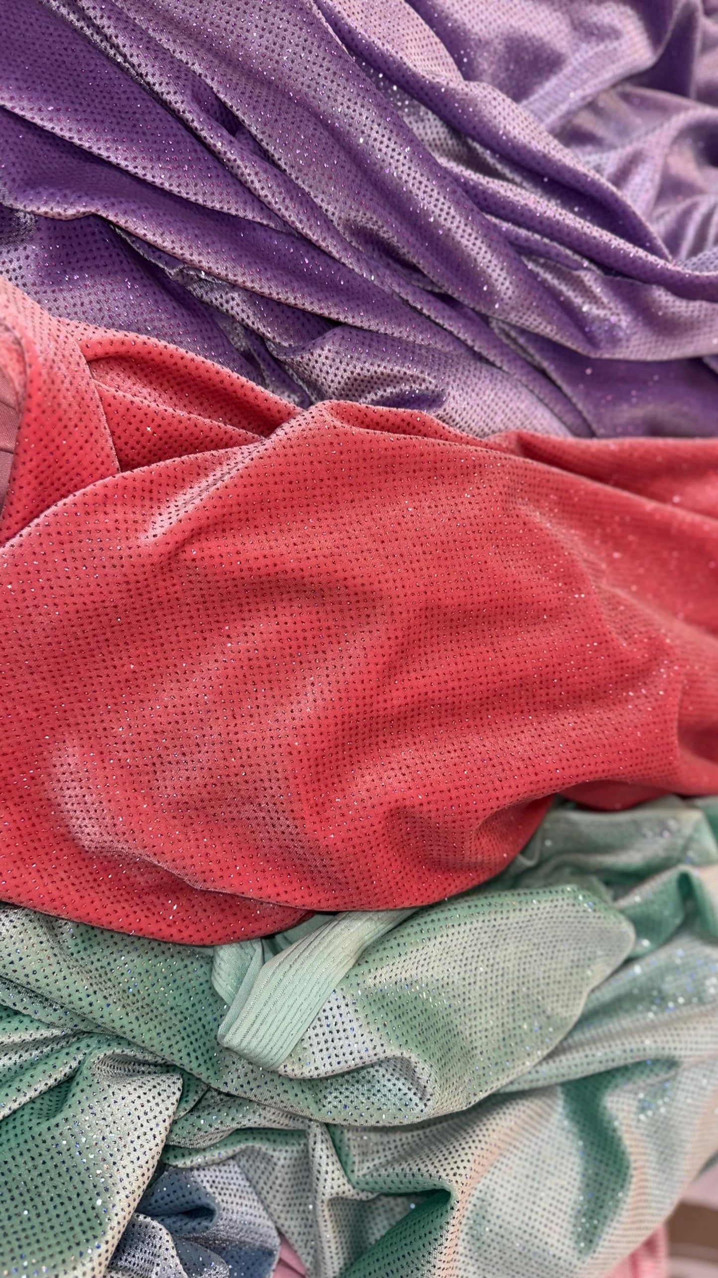 Stretch velvet with glitter pastel colors heavy velvet 4way Stretch 58/60" Sold by the YD. Ships worldwide from Los Angeles California USA.
