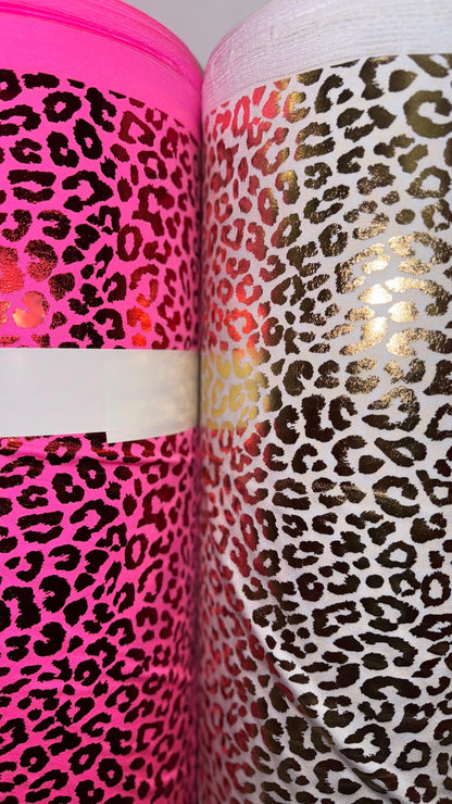 New Exotic Cheetah design high quality of hologram metallic Stretch nylon spandex with foil 4-way stretch 58/60” Sold by the YD.