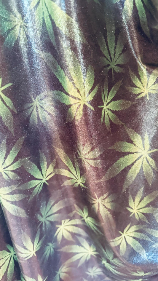 New Marijuana leaf design metallic nylon spandex with foggy foil 4-way stretch 58/60” High quality fabrics by AlexLAFabrics