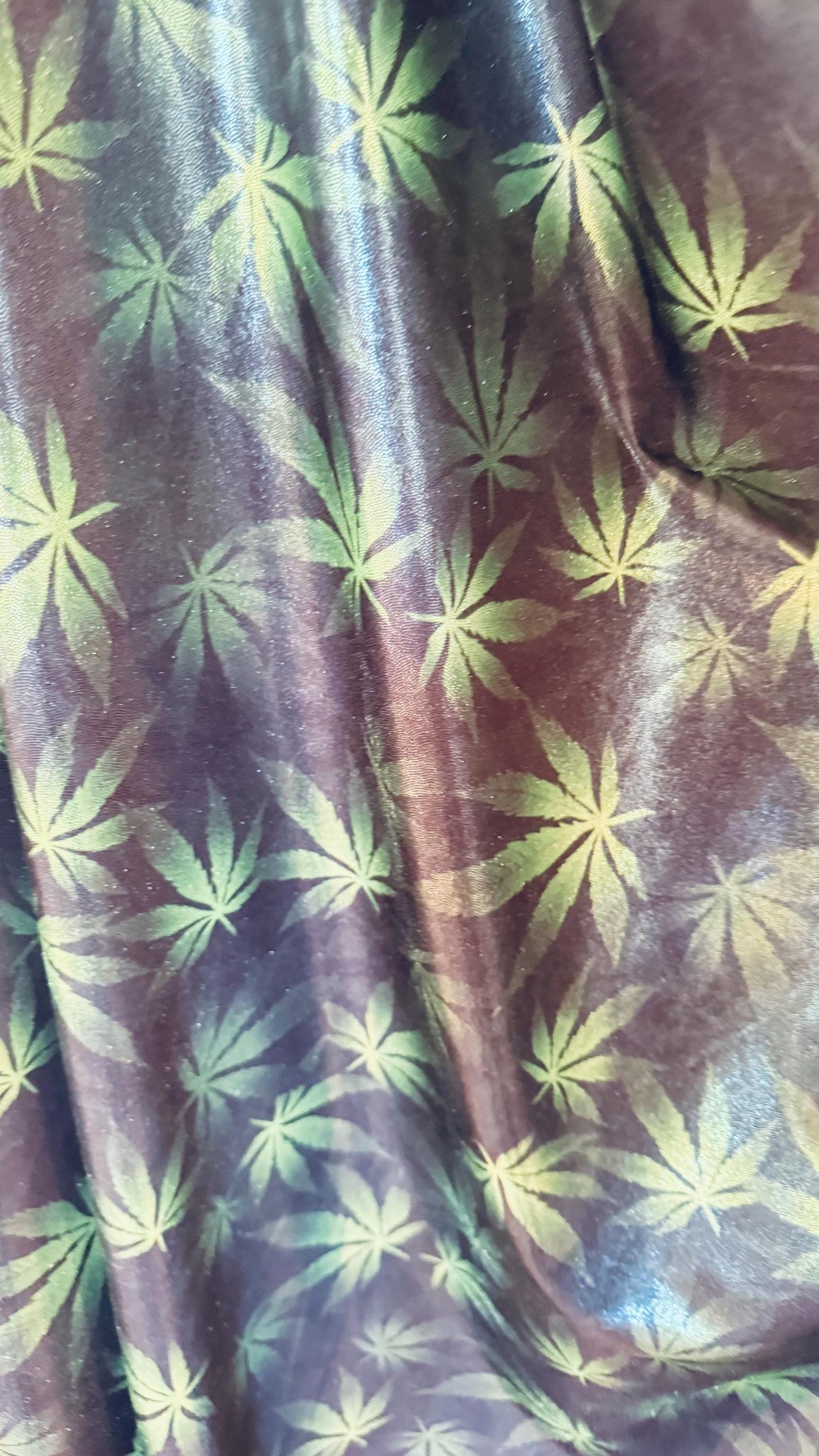 New Marijuana leaf design metallic nylon spandex with foggy foil 4-way stretch 58/60” High quality fabrics by AlexLAFabrics